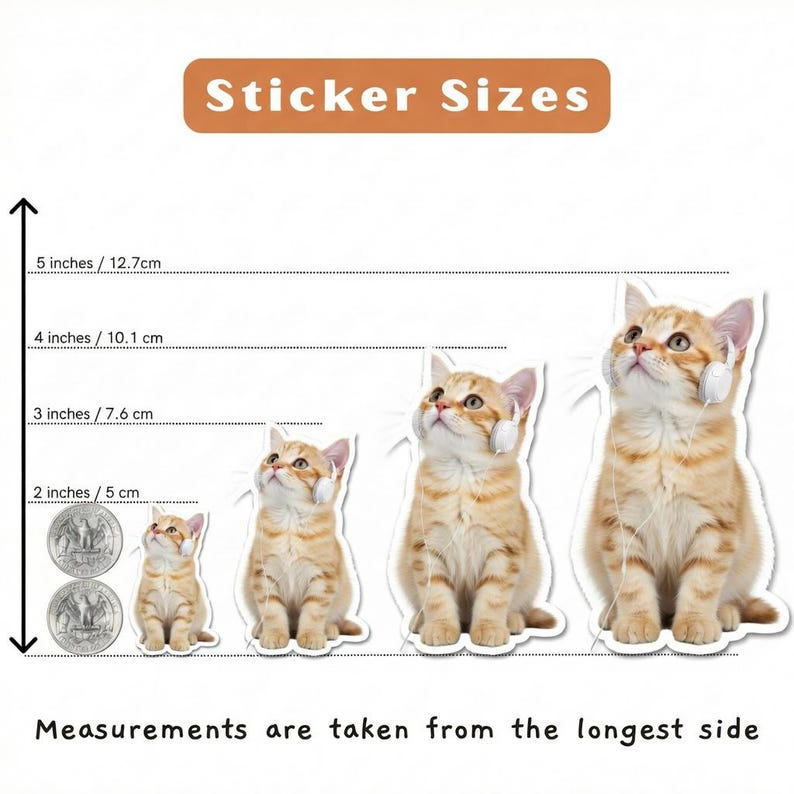 May include: A set of orange tabby cat stickers in various sizes, ranging from 2 inches to 5 inches. Each sticker features a cat wearing headphones and looking upwards. The text "Sticker Sizes" is at the top.