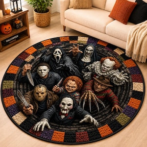 May include: A round area rug featuring a detailed graphic print of seven iconic horror movie characters emerging from a dark, circular tunnel. The border consists of a quilted pattern of alternating orange, black, and purple square blocks.