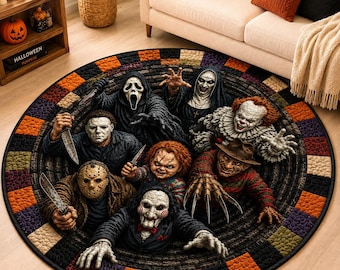3D Horror Halloween Rug, Killer Character Area Rug, Scary Movie Inspired Round Floor Mat, Spooky Haunted House Decor