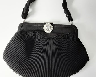 Vintage 1940s Black pleated silk crepe de chine evening purse with diamante clasp