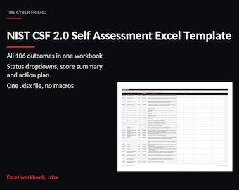 May include: A digital NIST CSF 2.0 Self Assessment Excel Template by The Cyber Friend. The document features 106 outcomes, status dropdowns, a score summary, and an action plan in one .xlsx file without macros, shown as a spreadsheet.