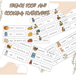 Puede incluir: Tarjetas didácticas para aprender francés sobre comida y cocina. Las tarjetas presentan ilustraciones de alimentos como pan, leche, huevos y carne, junto con verbos de cocina como "freír" y "hervir". El título "FRENCH FOOD AND COOKING FLASHCARDS" está en la parte superior.