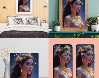 Celestial Crown Fantasy Wall Art | Goddess Portrait Print | Ethereal Digital Download Poster