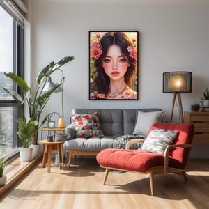 Anime Girl Portrait Print: Golden Petals, Pastel Floral Art (Digital Download)