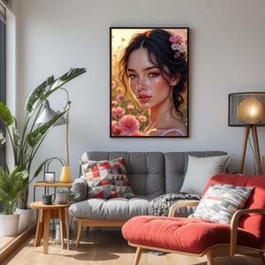 Rosé Dawn Anime Girl Print: Kawaii Pastel Floral Portrait (Digital Download)