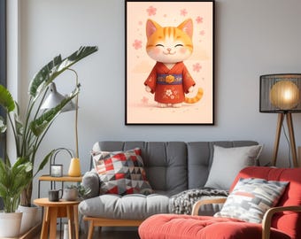 Kawaii Cat Kimono Art & Sticker Pack: Japanese Digital Prints (Digital Download)