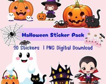 Paquete de pegatinas kawaii de Halloween: 20 imágenes PNG pastel (descarga digital)