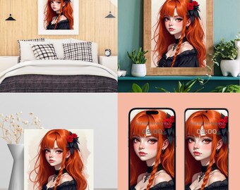 Crimson Elegance Anime Portrait: Red Fantasy Art (Digital Download)
