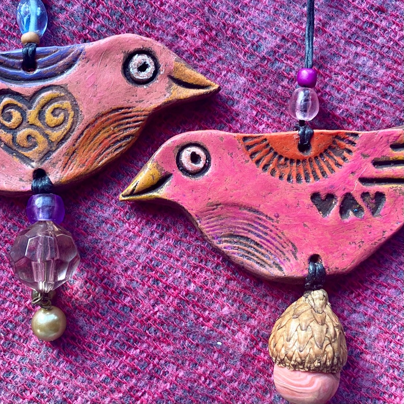 happy little bird with heart love bird ornament hanging clay bird valentine bird Pink