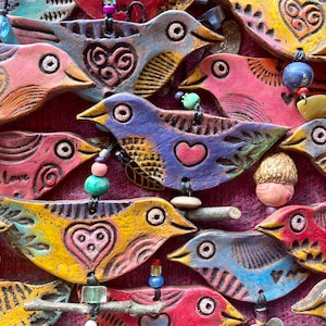 happy little bird with heart - love bird ornament - hanging clay bird - valentine bird