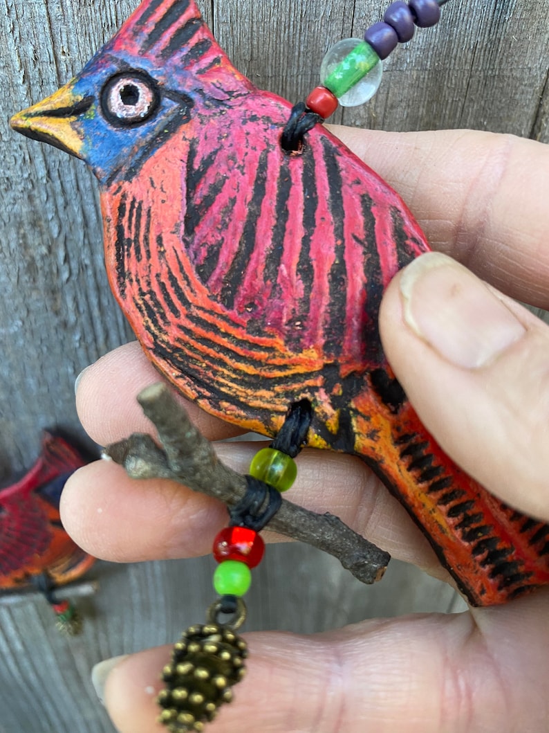 cardinal ornament clay cardinal sitting on branch happy little cardinal hanging decoration image 9