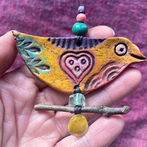 happy little bird with heart love bird ornament hanging clay bird valentine bird image 2