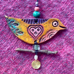 happy little bird with heart love bird ornament hanging clay bird valentine bird Yellow