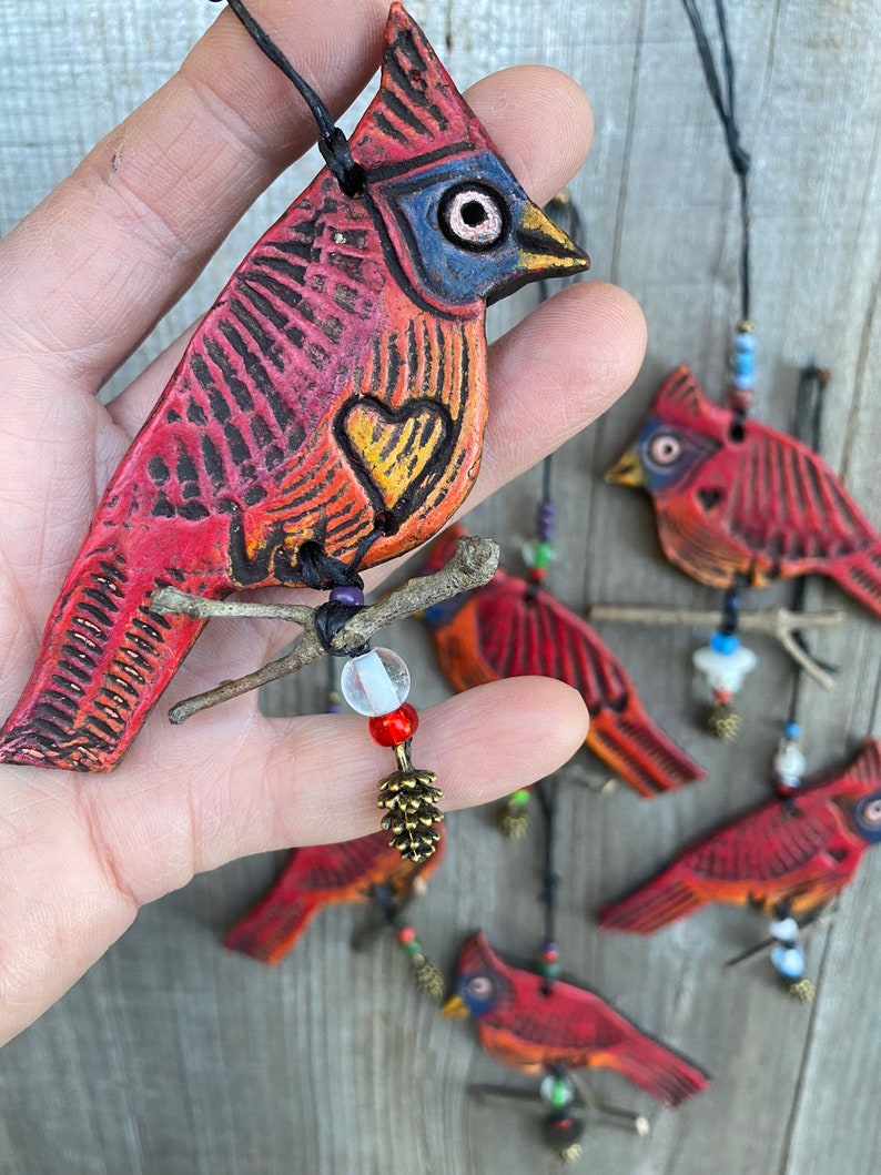 cardinal ornament clay cardinal sitting on branch happy little cardinal hanging decoration image 2