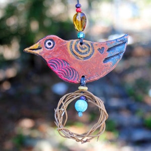 happy little robin ornament - red robin ornament - hanging bird ornament - hanging clay bird