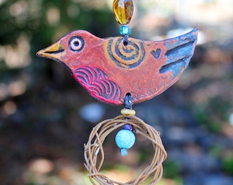 happy little robin ornament - red robin ornament - hanging bird ornament - hanging clay bird