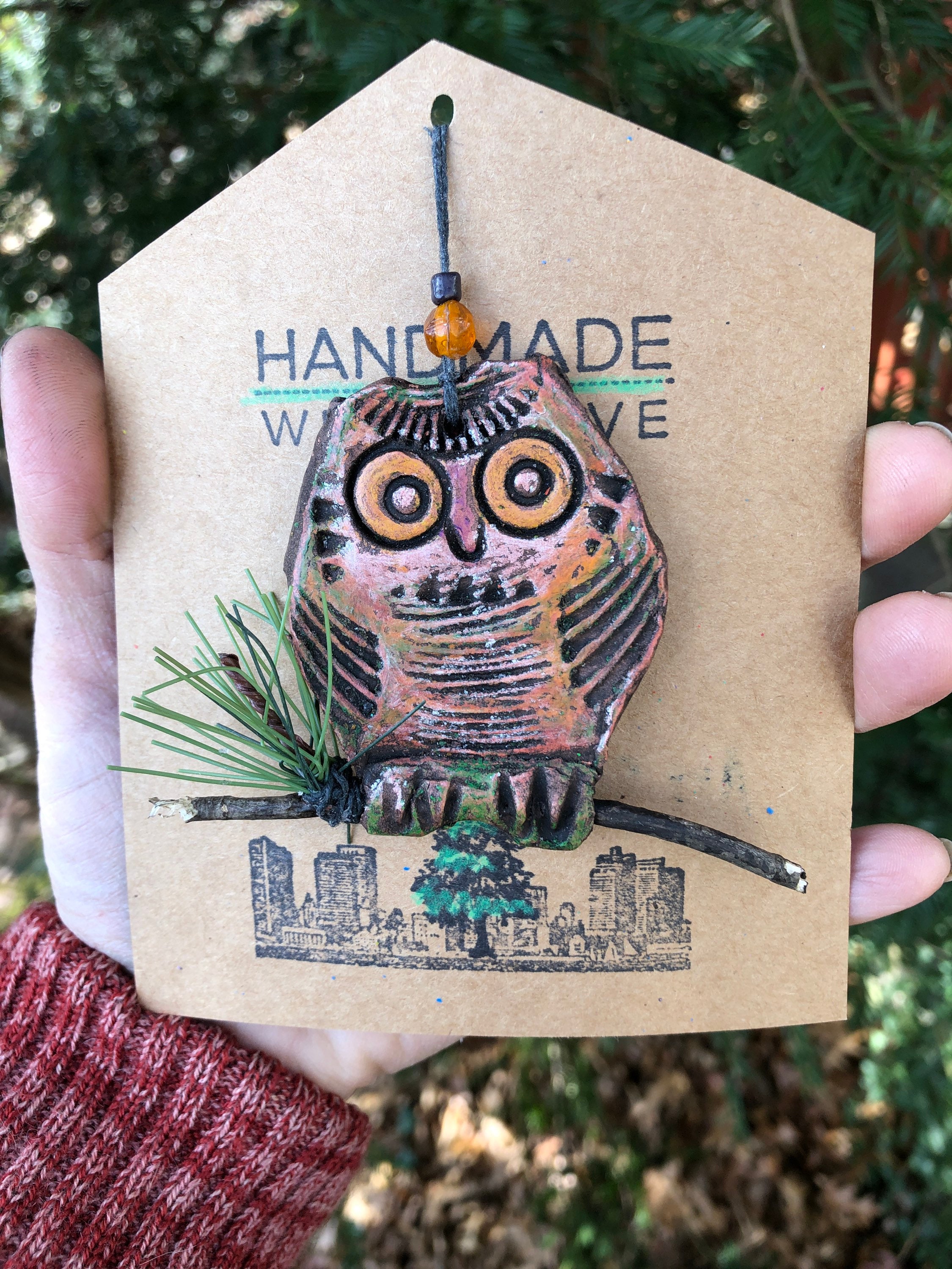 Rockefeller the happy little owl  - handmade clay owl Christmas ornament
