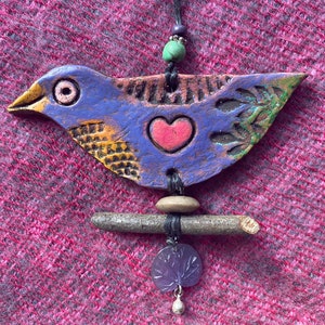 happy little bird with heart love bird ornament hanging clay bird valentine bird Purple