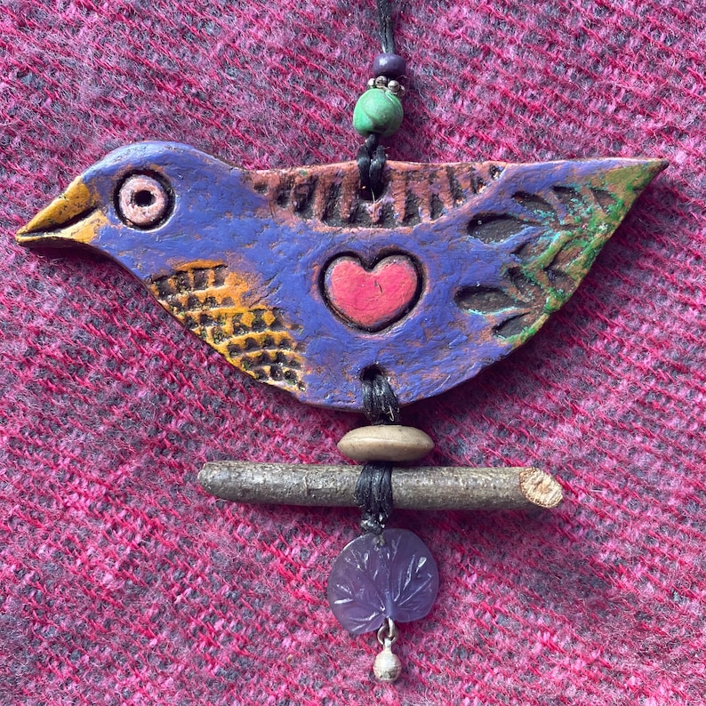 happy little bird with heart love bird ornament hanging clay bird valentine bird Purple