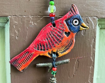 cardinal ornament - clay cardinal sitting on branch - happy little cardinal hanging decoration