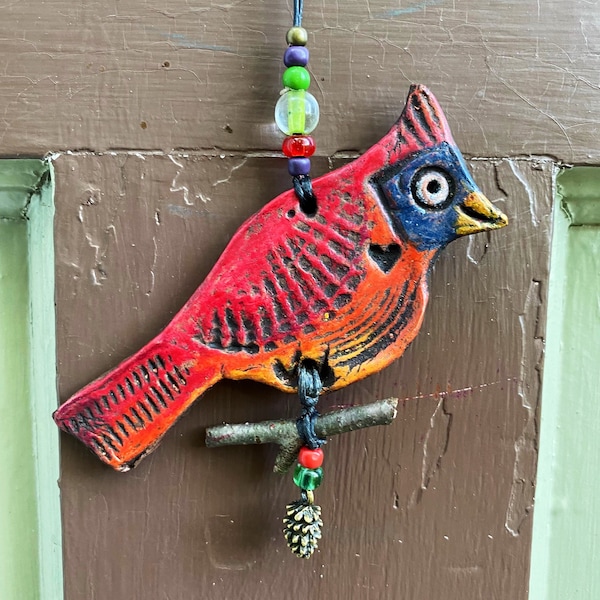 cardinal ornament - clay cardinal sitting on branch - happy little cardinal hanging decoration