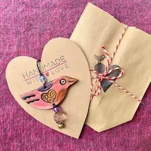 happy little bird with heart love bird ornament hanging clay bird valentine bird image 4