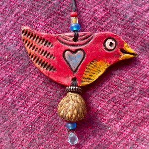 happy little bird with heart love bird ornament hanging clay bird valentine bird Red