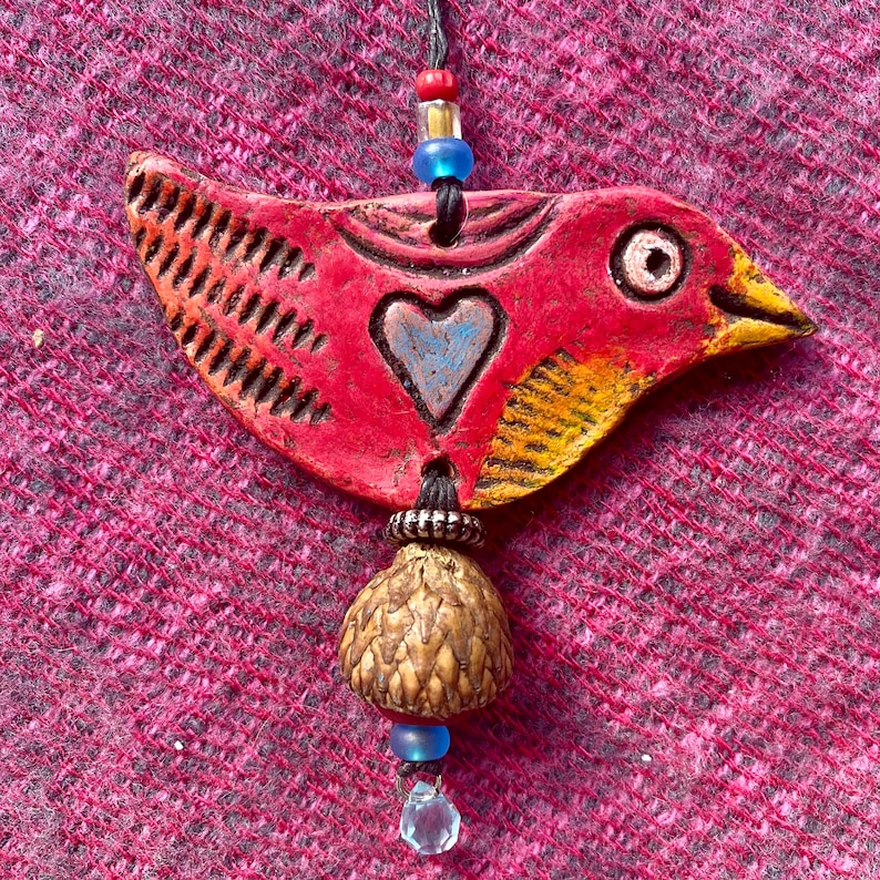 happy little bird with heart love bird ornament hanging clay bird valentine bird Red