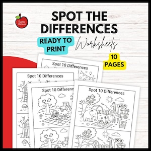 Puede incluir: Una pila de hojas de trabajo en blanco y negro de "Encuentra las diferencias". Las hojas de trabajo están etiquetadas como "Listo para imprimir" y "10 páginas". Las hojas de trabajo presentan ilustraciones de escenas con diferencias ocultas.