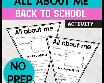 May include: A printable "All About Me" back-to-school activity sheet. The design features a triangular shape with dotted borders and fill-in-the-blank sections for personal information, favorites, and future aspirations. The image includes the text "No Prep" and "Instant Download".