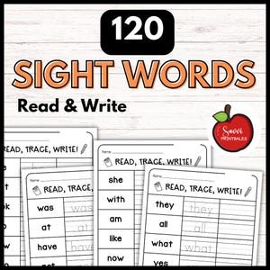 May include: Educational sight word practice sheets. The image shows multiple worksheets with the text "READ, TRACE, WRITE!" and sight words like "she", "with", and "they". The top of the image reads "120 SIGHT WORDS Read & Write".