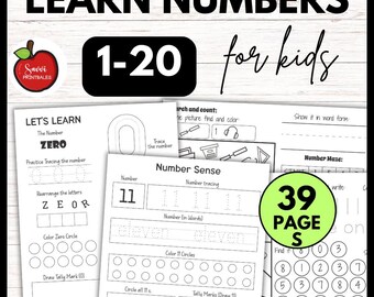 Op de afbeelding: Educatieve printbare werkbladen voor kinderen om getallen 1-20 te leren. De afbeelding toont verschillende pagina's met cijfertracering, getalbegrip en cijferlabyrinten. De werkbladen zijn ontworpen voor vroeg leren en bevatten 39 pagina's.