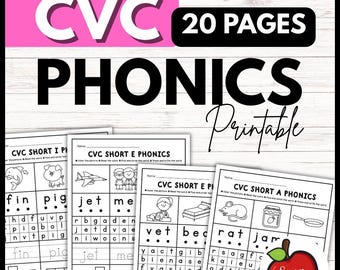 May include: A printable phonics workbook with the text "CVC PHONICS Printable" in black and white. The workbook includes 20 pages with exercises for short vowel sounds. The cover is pink with the text "CVC 20 PAGES".