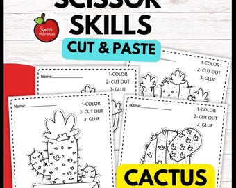 Esercizi con le forbici per cactus per la scuola materna / Schede di lavoro per tagliare e incollare / Libro di attività PDF per bambini / Abilità motorie fini stampabili per bambini dai 3 ai 5 anni