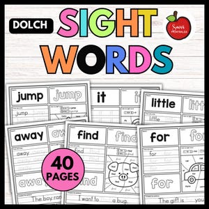 May include: Educational printable sight word worksheets. The worksheets feature the words "jump", "it", "little", "away", "find", and "for". The title "SIGHT WORDS" is in large, colorful letters. The worksheets are labeled "40 PAGES".