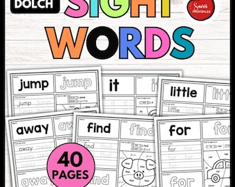Puede incluir: Hojas de trabajo educativas de palabras de uso frecuente. Las hojas de trabajo presentan las palabras "jump", "it", "little", "away", "find" y "for". El título "SIGHT WORDS" está en letras grandes y coloridas. Las hojas de trabajo están etiquetadas como "40 PAGES".