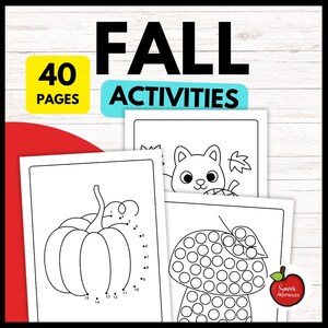Może przedstawiać: Zbiór stron z aktywnościami o tematyce jesiennej z napisem "FALL ACTIVITIES" dużymi czarnymi literami. Obraz zawiera żółty prostokąt z napisem "40 PAGES" oraz kilka kolorowanek z dynią, wiewiórką i grzybem.