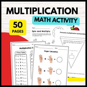 May include: A collection of 50-page multiplication math activity worksheets. The worksheets include multiplication tables, finger calculation exercises, and word problems. The title "Multiplication Math Activity" is displayed in large, bold letters.