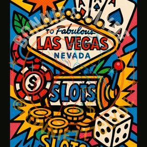 Vegas Jackpot Graffiti Poster – Pop Art Slot Machine & Money Vibes | Digital Art Print