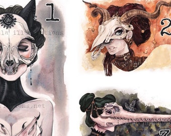 Macabre Witchy Cat Skull Masquerade Animal Mask Watercolor Pin-up Prints by Carlations