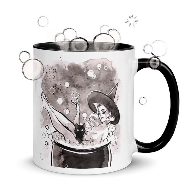 Witch Mug Bubble Bath Gothic Home Decor Spooky Art Watercolor Pin up Sketch by Carlations Carla Wyzgala