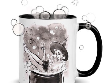 Mug sorcière bain moussant décoration gothique effrayant art aquarelle pin up croquis par Carlations Carla Wyzgala