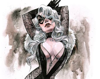 Black Cat Burlesque Spiderman Boudoir Pin up Watercolor Giclee Art Print by Carla Wyzgala carlations