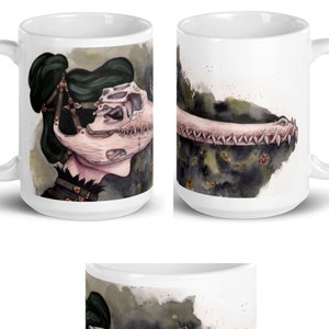 Macabre Crocodile Dinosaur Skull Mask Watercolor Sketch Art Mug by Carlations Carla Wyzgala image 1