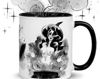 Pin Up Witch’s Brew Nude Witch vintage Pin-up Ink Sketch Art Tasse à café par Carlations Carla Wyzgala