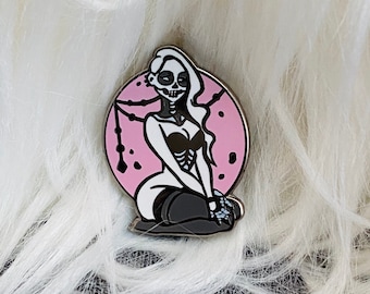 Skeleton Babe Spooky Burlesque Enamel Pin by Carlations