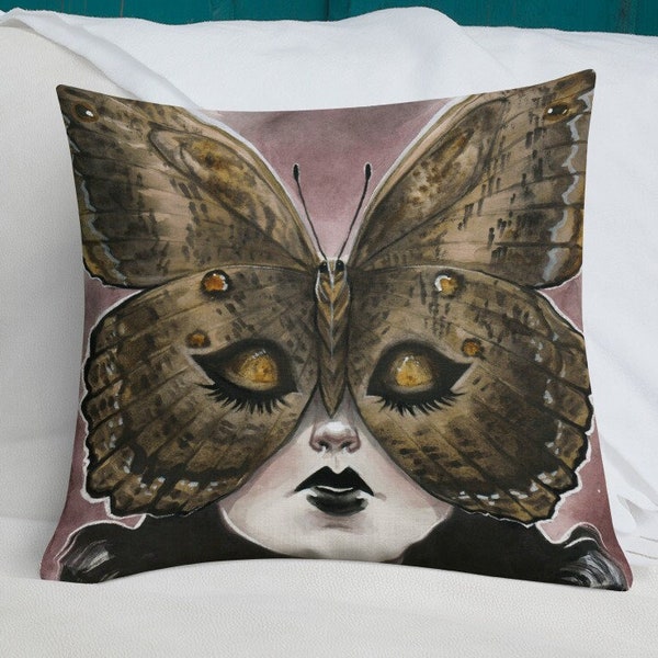 Witch Gothic Home Decor Spooky Art Watercolor Whimsigoth Moth Painting Art Pillow Mothface by Carlations Carla Wyzgala