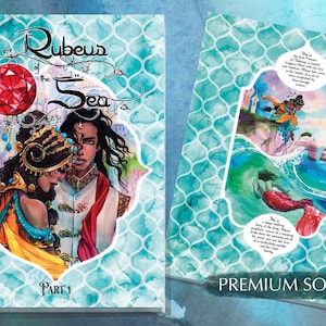 May include: Two softcover books with teal patterned covers. The front cover of the first book features a ruby, two people, and the title "Rubeus of the Sea". The back cover has an illustration of a mermaid and a person. The text "Premium Softcover" is at the bottom.