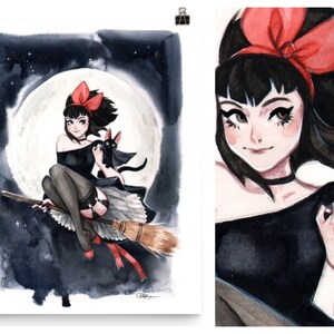 Pin Up Cute Witch on Broom Black Cat Halloween Anime Art Watercolor Pin-Up Print by Carlations