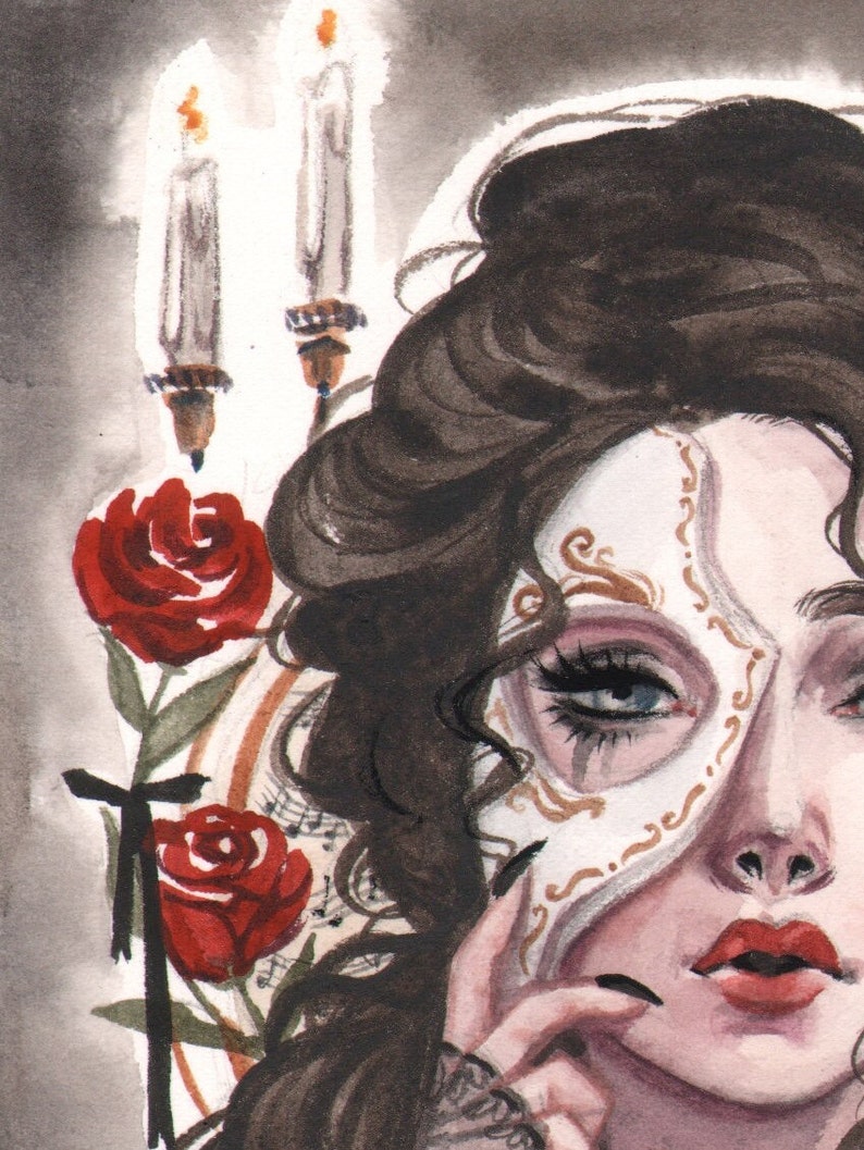 Literarische Kunst Phantom der Oper Maskerade Aquarell Skizze Pin-Up Druck von Carlations Bild 4